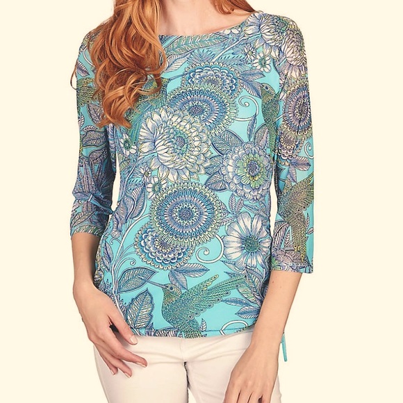 Teal Top NWOT Hummingbird Blouse Spring Floral TunicTop Floral Bird Top - Picture 13 of 14